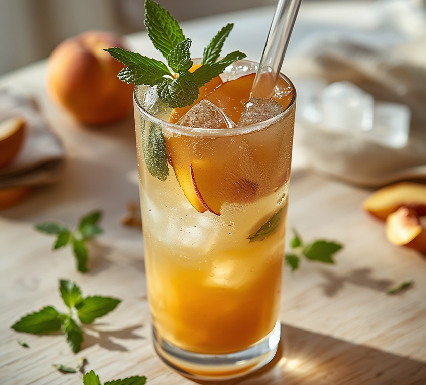 Przepis na mrożoną białą herbatę White Peach Leo Tea z brzoskwinią